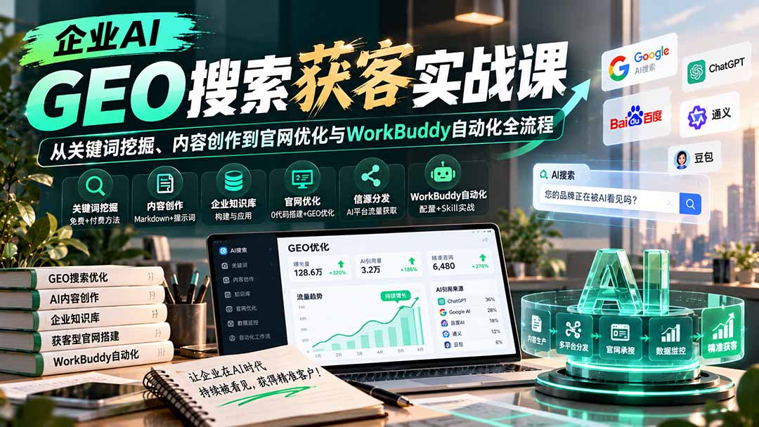 企业AI GEO搜索获客实战课：从关键词挖掘、内容创作到官网优化与WorkBuddy自动化全流程-星阳网创