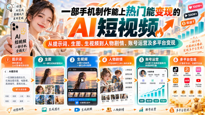 【无水印】一部手机制作能上热门能变现的AI短视频,从提示词、生图、生视频到人物剧情、账号运营及多平台变现-星阳网创