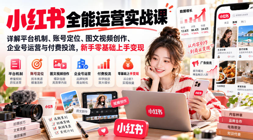 小红书全能运营实战课,详解平台机制、账号定位、图文视频创作、企业号运营与付费投流,新手零基础上手变现-星阳网创