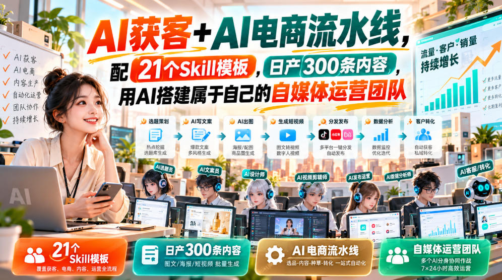AI获客+AI电商流水线,配21个Skill模板,日产300条内容,用AI搭建属于自己的自媒体运营团队-星阳网创