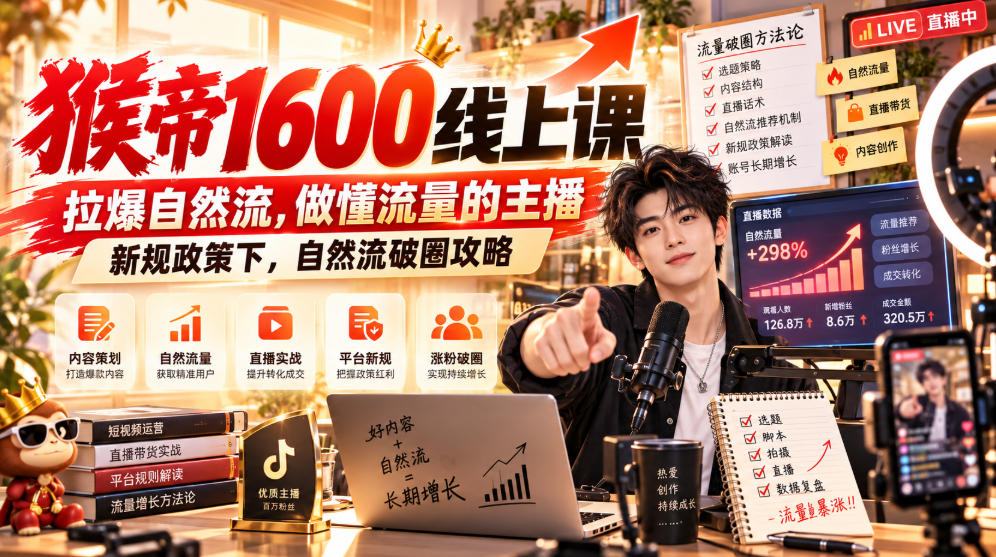 猴帝1600线上课,拉爆自然流,做懂流量的主播,新规政策下,自然流破圈攻略【更新260926】-星阳网创