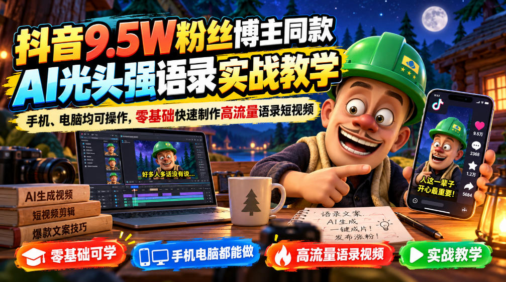 抖音9.5W粉丝博主同款AI光头强语录实战教学,手机、电脑均可操作,零基础快速制作高流量语录短视频-星阳网创