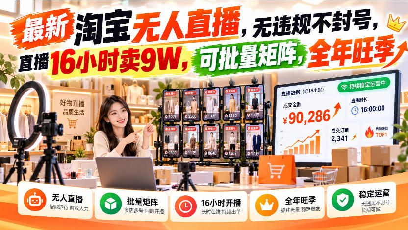 最新淘宝无人直播,无违规不封号,直播16小时卖9W,可批量矩阵,全年旺季【揭秘】-星阳网创