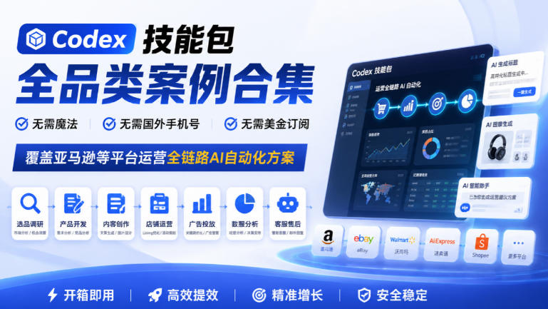 Codex技能包全品类案例合集,无需魔法、无需国外手机号、无需美金订阅,覆盖亚马逊等平台运营全链路AI自动化方案-星阳网创