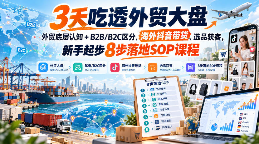 3天吃透外贸大盘,外贸底层认知+B2B/B2C区分、海外抖音带货、选品获客,新手起步8步落地SOP课程-星阳网创