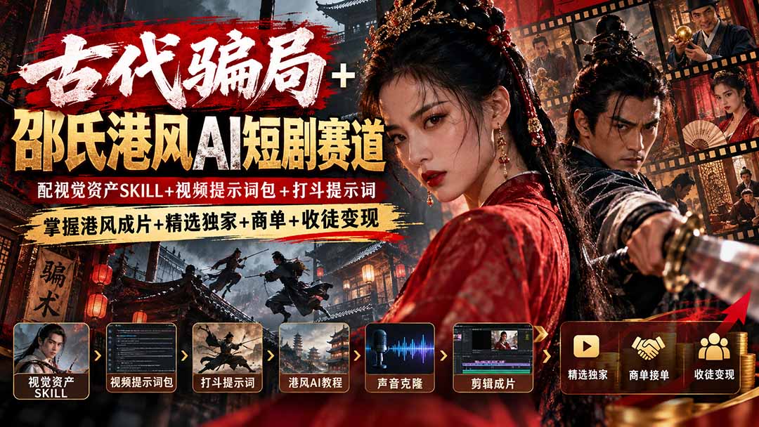 古代骗局+邵氏港风AI短剧赛道:配视觉资产SKILL+视频提示词包+打斗提示词,掌握港风成片+精选独家+商单+收徒变现-星阳网创
