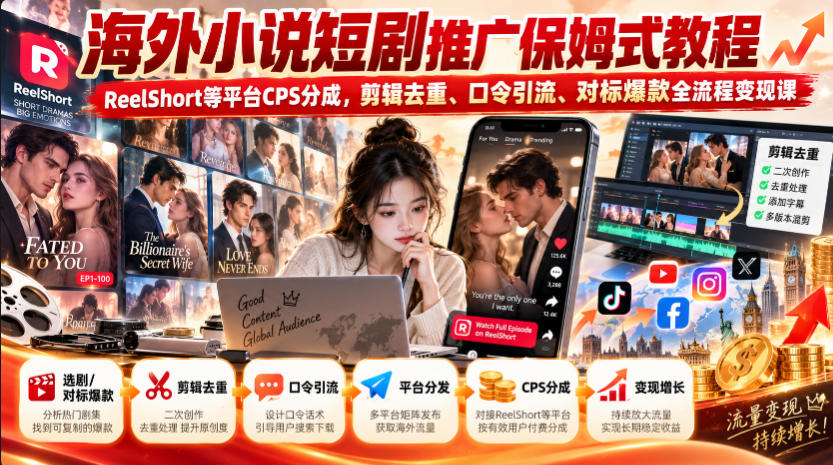 海外小说短剧推广保姆式教程|ReelShort等平台CPS分成,剪辑去重、口令引流、对标爆款全流程变现课-星阳网创
