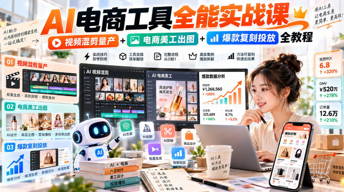 AI电商工具全能实战教学,视频混剪量产+电商美工出图+爆款复刻投放全教程-星阳网创