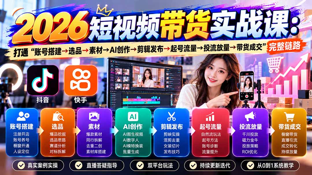 2026短视频带货实战课9月:打通“账号搭建→选品→素材→AI创作→剪辑发布→起号流量→投流放量→带货成交”完整链路-星阳网创