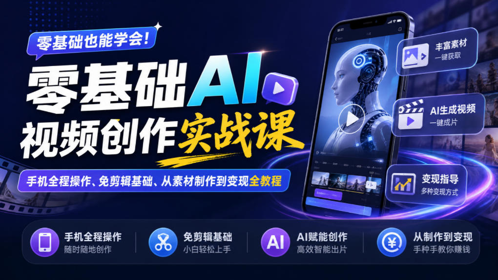 零基础AI视频创作实战课|手机全程操作、免剪辑基础、从素材制作到变现全教程-星阳网创