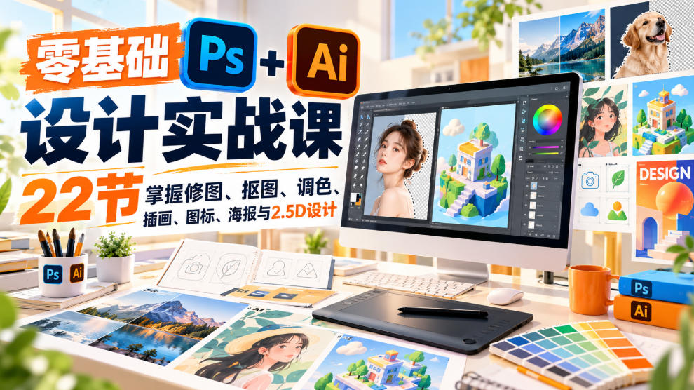 【无水印】零基础PS+AI设计实战课|22节掌握修图、抠图、调色、插画、图标、海报与2.5D设计-星阳网创
