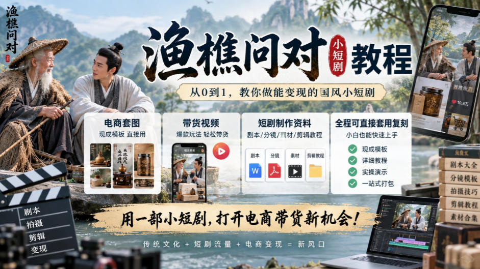 渔樵问对小短剧教程,包含电商套图、带货视频,短剧制作资料,全程可直接套用复刻-星阳网创