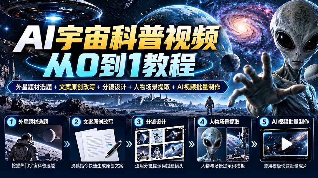 AI宇宙科普视频从0到1教程|外星题材选题+文案原创改写+分镜设计+人物场景提取+AI视频批量制作-星阳网创