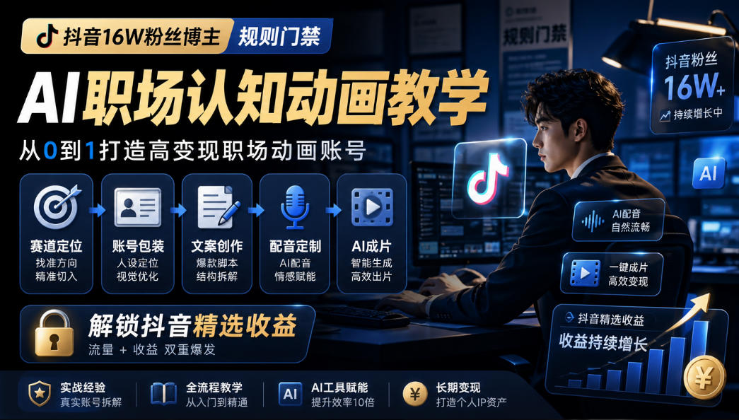 抖音16W粉丝博主规则门禁的AI职场认知动画教学,从赛道定位、账号包装,到文案创作、配音定制、AI成片,解锁抖音精选收益-星阳网创