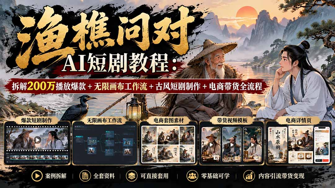 【无水印】渔樵问对AI短剧教程：拆解200万播放爆款+无限画布工作流+古风短剧制作+电商带货全流程-星阳网创
