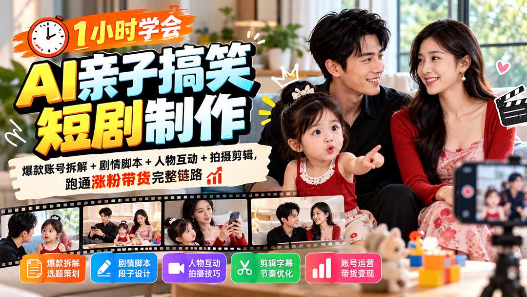 1小时学会AI亲子搞笑短剧制作:爆款账号拆解+剧情脚本+人物互动+拍摄剪辑,跑通涨粉带货完整链路-星阳网创