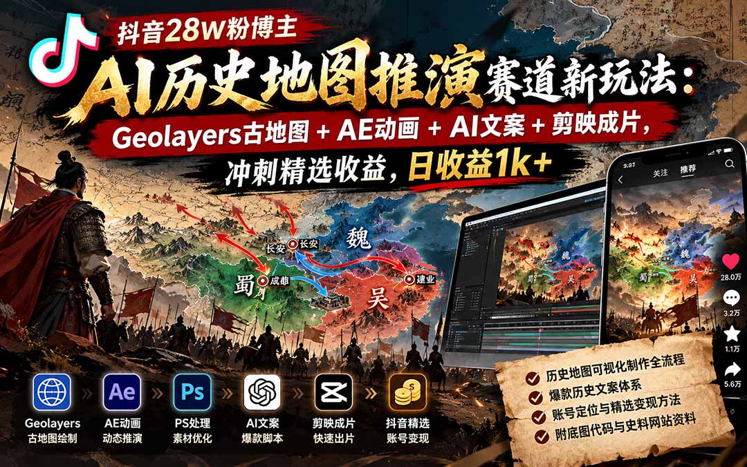 抖音28W粉博主AI历史地图推演赛道新玩法:Geolayers古地图+AE动画+AI文案+剪映成片,冲刺精选收益,日收益1k+-星阳网创