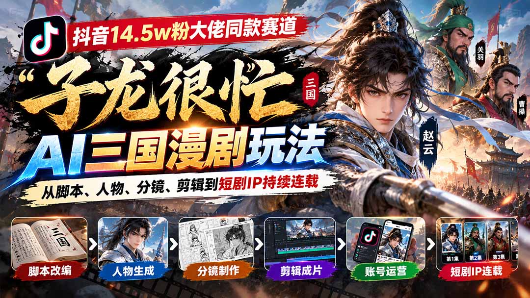 抖音14.5w粉大佬同款赛道「子龙很忙」AI三国漫剧玩法:从脚本、人物、分镜、剪辑到短剧IP持续连载-星阳网创