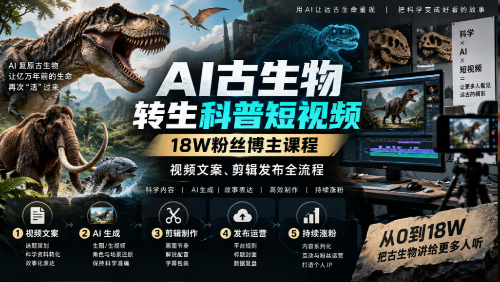 AI古生物转生科普短视频，18W粉丝博主课程，视频文案、剪辑发布全流程-星阳网创
