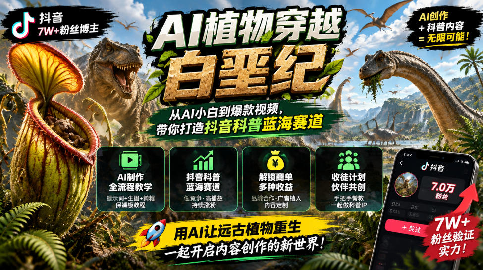 抖音7W粉丝博主的AI植物穿越白垩纪教学,抖音科普蓝海赛道,解锁商单收徒伙伴计划等多种收益-星阳网创