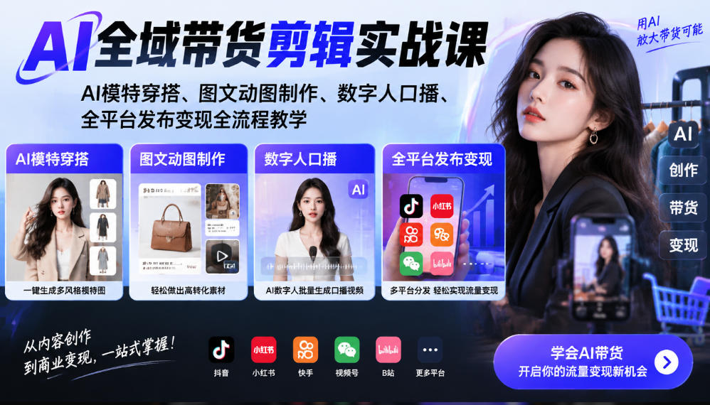 AI全域带货剪辑实战课｜AI模特穿搭、图文动图制作、数字人口播、全平台发布变现全流程教学-星阳网创