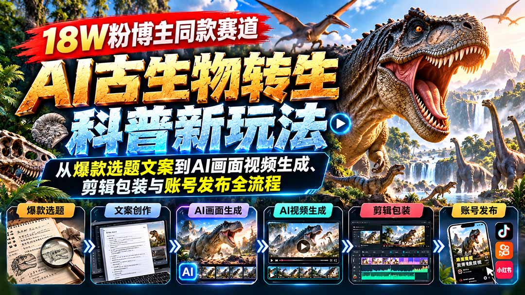 18W粉博主同款赛道-AI古生物转生科普新玩法：从爆款选题文案到AI画面视频生成、剪辑包装与账号发布全流程-星阳网创