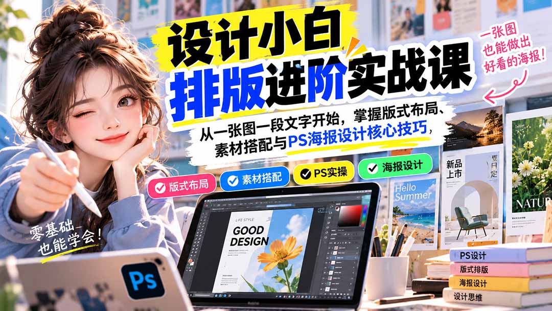 设计小白排版进阶实战课:从一张图一段文字开始,掌握版式布局、素材搭配与PS海报设计核心技巧-星阳网创