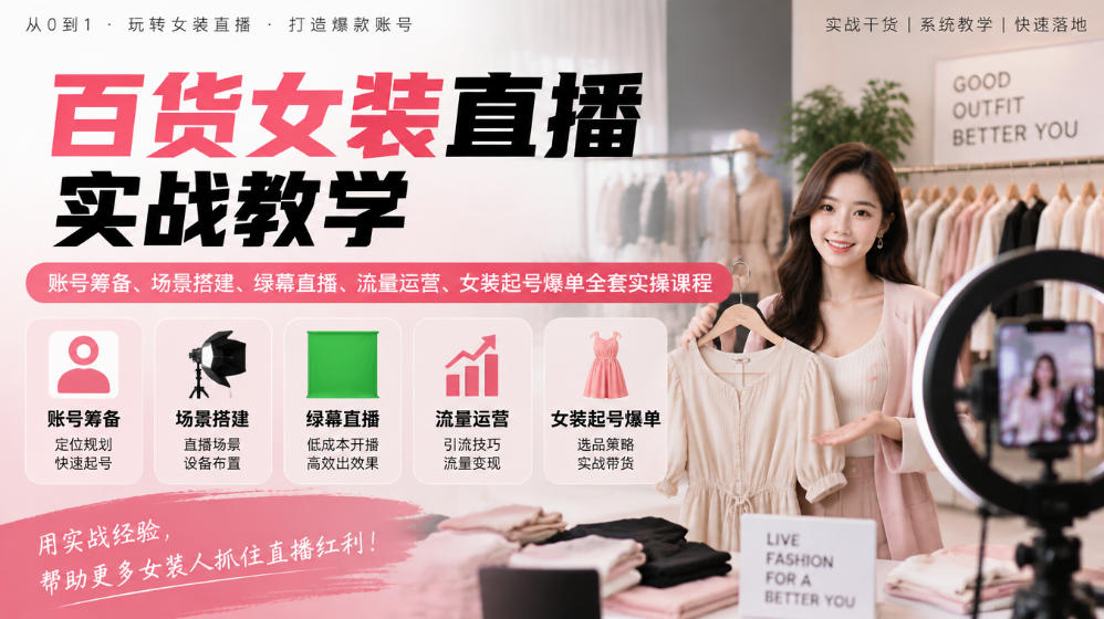 百货女装直播实战教学|账号筹备、场景搭建、绿幕直播、流量运营、女装起号爆单全套实操课程-星阳网创