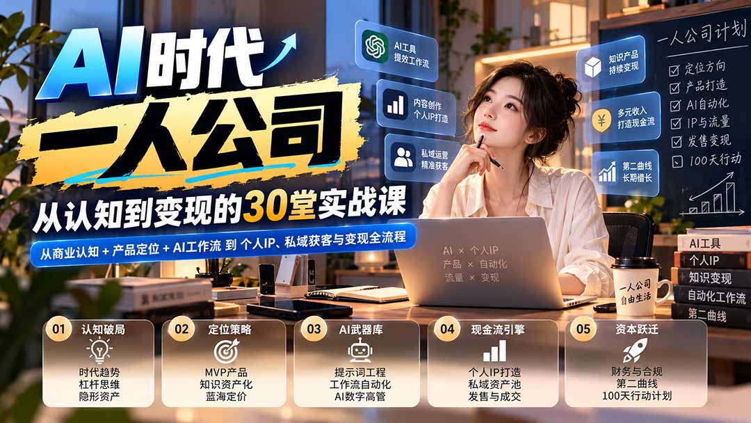 【无水印】AI时代一人公司30堂实战课：从商业认知+产品定位+AI工作流到个人IP、私域获客与变现全流程-星阳网创
