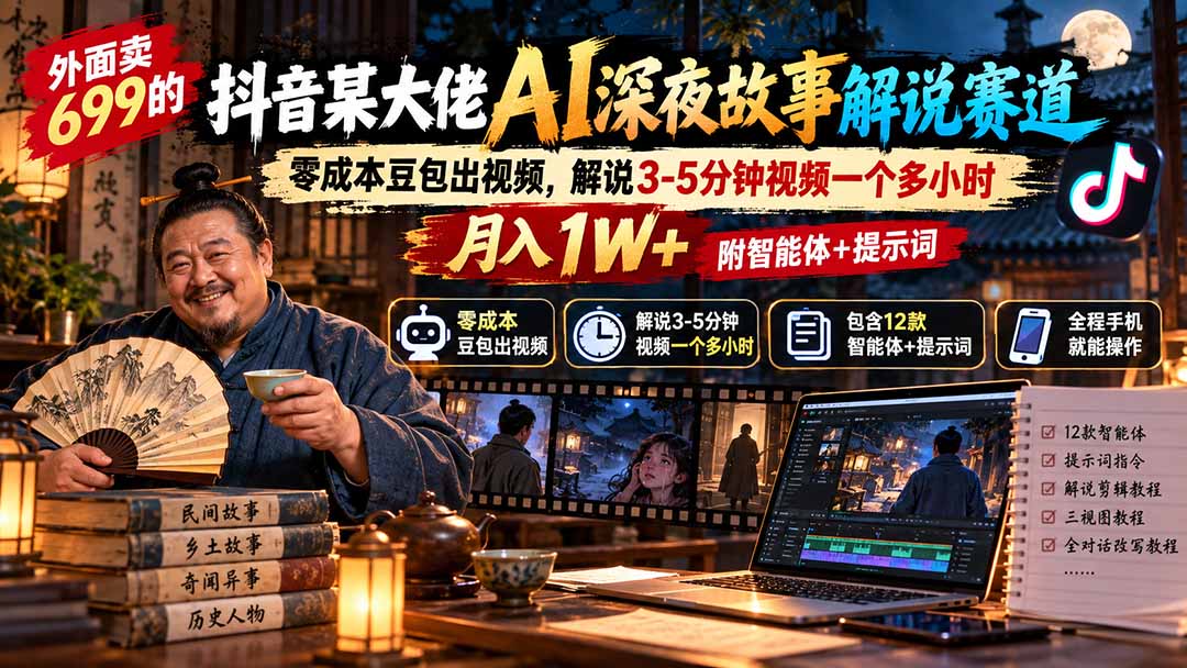 外面卖699抖音某大佬AI深夜故事解说赛道-更新:0成本豆包出视频+解说3-5分钟视频一个多小时,月入1W+附智能体+提示词-星阳网创