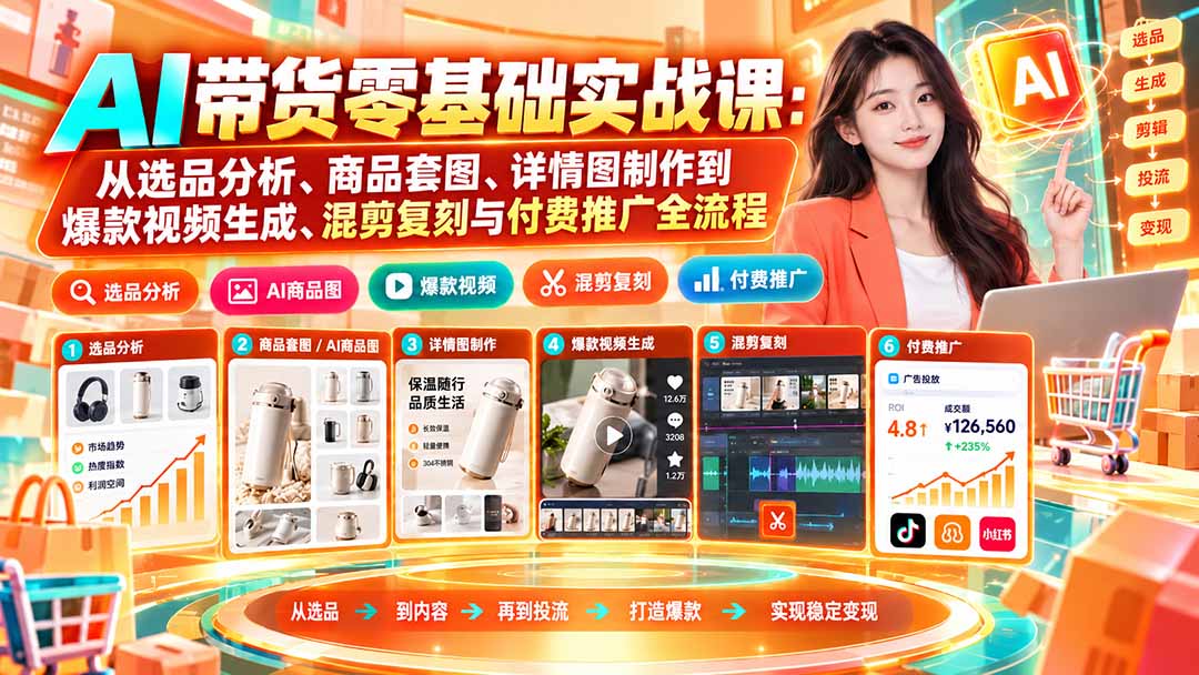 AI带货零基础实战课:从选品分析、商品套图、详情图制作到爆款视频生成、混剪复刻与付费推广全流程-星阳网创