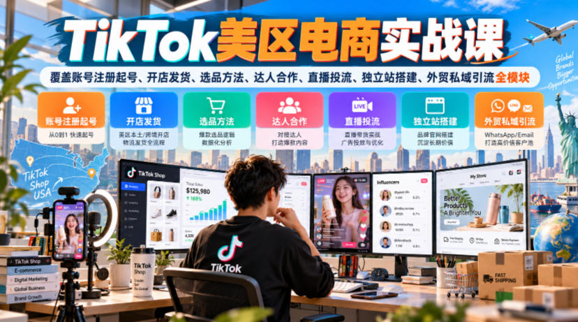 TikTok美区电商实战课,覆盖账号注册起号、开店发货、选品方法、达人合作、直播投流、独立站搭建、外贸私域引流全模块-星阳网创