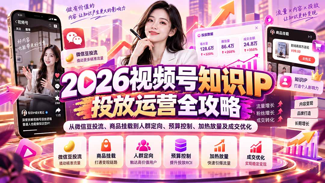 2026视频号知识IP投放运营全攻略:从微信豆投流、商品挂载到人群定向、预算控制、加热放量及成交优化-星阳网创
