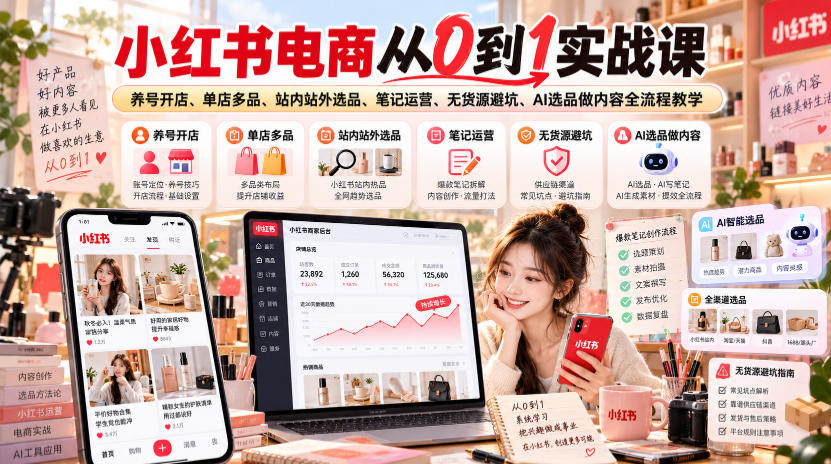 小红书电商从0到1实战课|养号开店、单店多品、站内站外选品、笔记运营、无货源避坑、AI选品做内容全流程教学-星阳网创