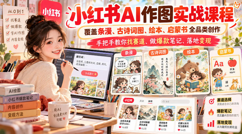 小红书AI作图实战课程,覆盖条漫、古诗词图、绘本、启蒙书全品类创作,手把手教你找赛道、做爆款笔记、落地变现(更新1009)-星阳网创
