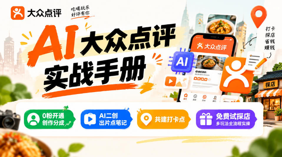 某局的AI大众点评实战手册,0粉开通创作分成、AI二创出片点笔记、共建打卡点、免费试探店多玩法全流程实操-星阳网创