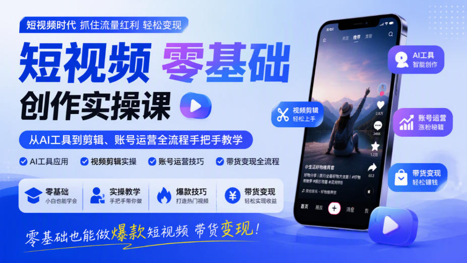 短视频零基础创作实操课,从AI工具到剪辑、账号运营全流程手把手教学,零基础也能做爆款短视频带货变现-星阳网创