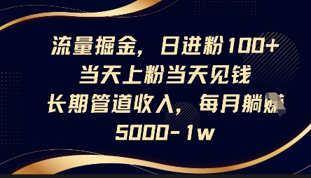 流量掘金,日进粉100+,当天上粉当天见钱,长期管道收入,每月躺挣5k-星阳网创